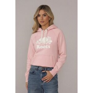 Roots Canada  Hoodie Womens Small Pink Pullover Fleece Sweatshirt Beaver Logo
